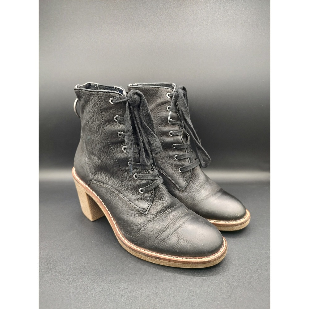 Lucky Brand Borelis Black Leather Lace Up Back Zip Block Heel Ankle Boots 8M